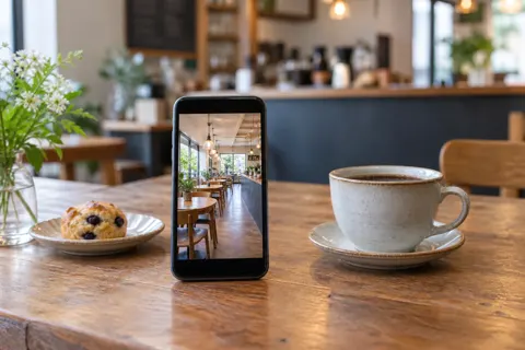 カフェのテーブルとスマートフォンの提案イメージ